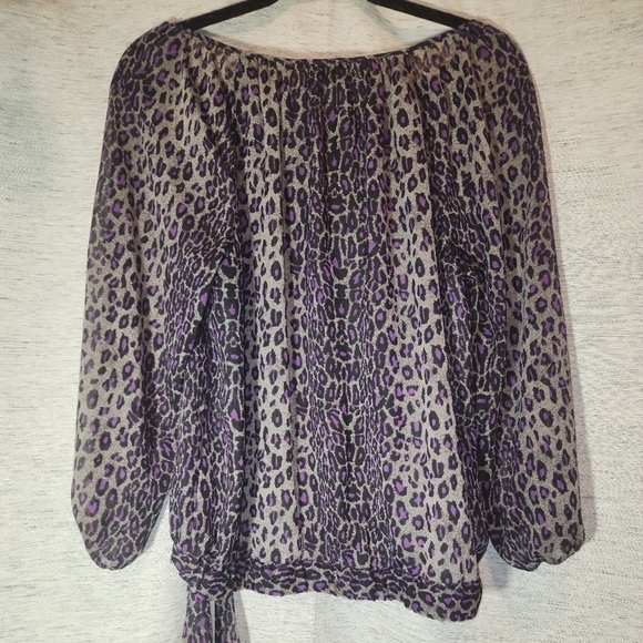 Anne Klein Large Purple Leopard Print Top 3/4 Sleeves Tie Waist - Picture 4 of 8